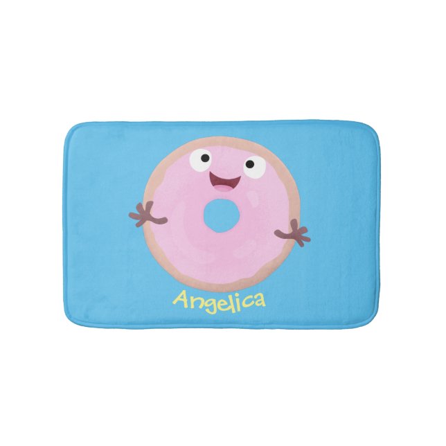 Cute happy pink glazed donut cartoon bath mat (Front)