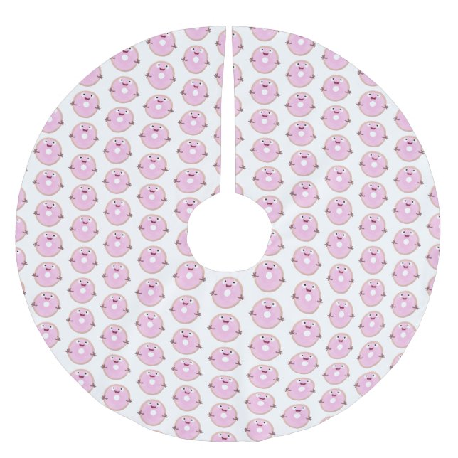Cute happy pink glazed donut cartoon brushed polyester tree skirt (Front)