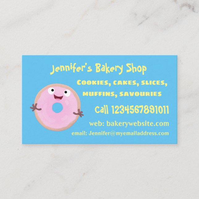 Cute happy pink glazed donut cartoon business card (Front)