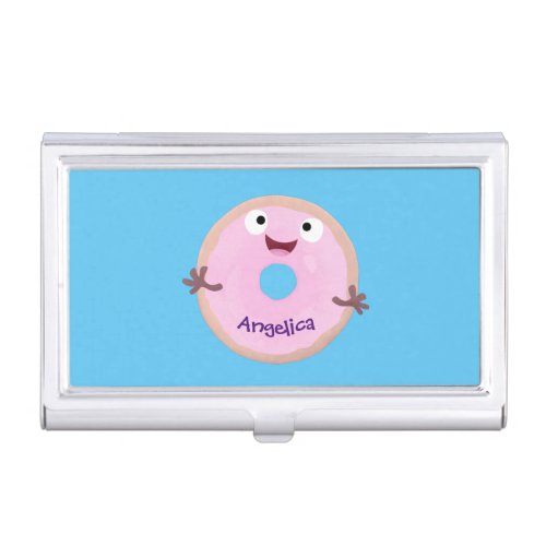 Cute happy pink glazed donut cartoon business card case