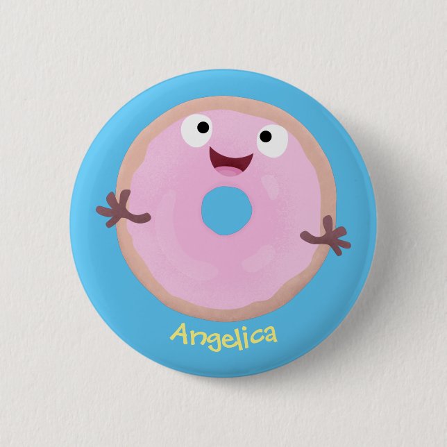 Cute happy pink glazed donut cartoon button (Front)