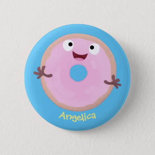 Cute happy pink glazed donut cartoon button