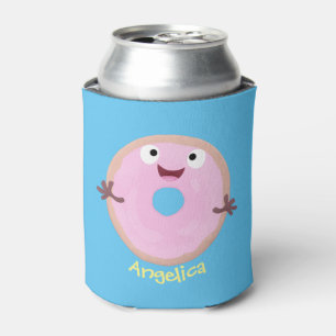 Cute happy pink glazed donut cartoon can cooler
