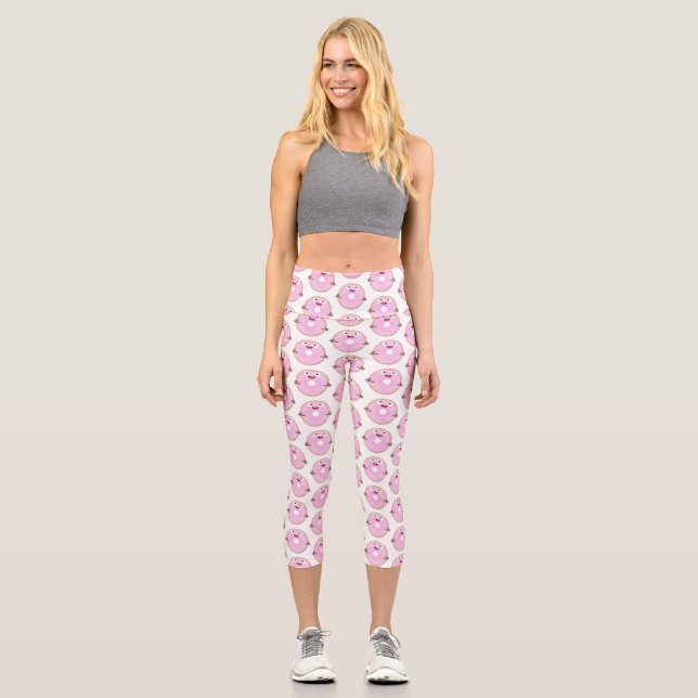 Cute happy pink glazed donut cartoon capri leggings (Front)