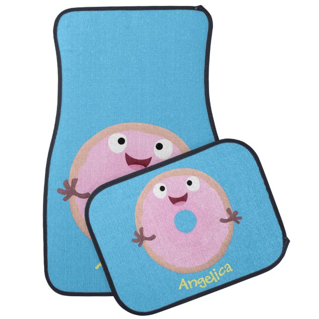Cute happy pink glazed donut cartoon car floor mat (Set)