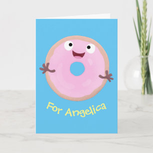 Cute happy pink glazed donut cartoon card