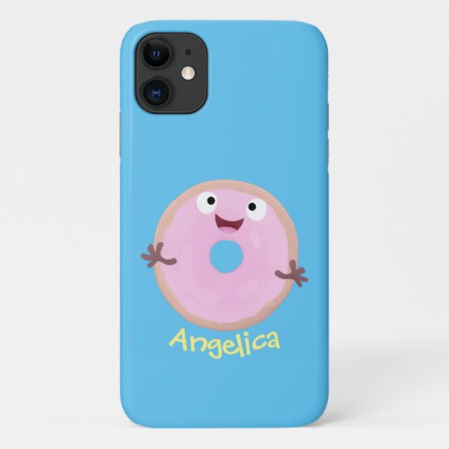 Cute happy pink glazed donut cartoon iPhone 11 case