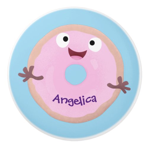 Cute happy pink glazed donut cartoon ceramic knob