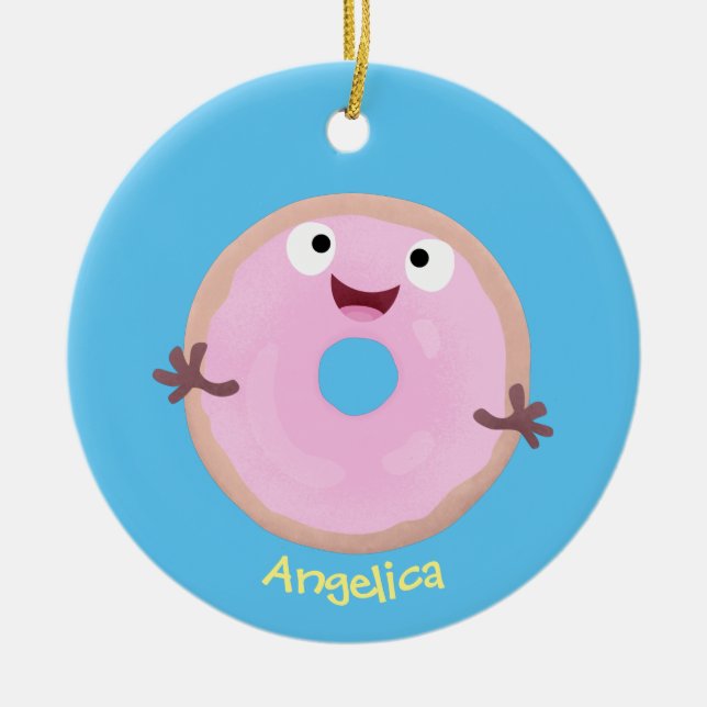 Cute happy pink glazed donut cartoon ceramic ornament (Front)