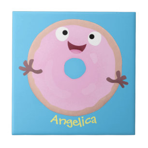 Cute happy pink glazed donut cartoon ceramic tile