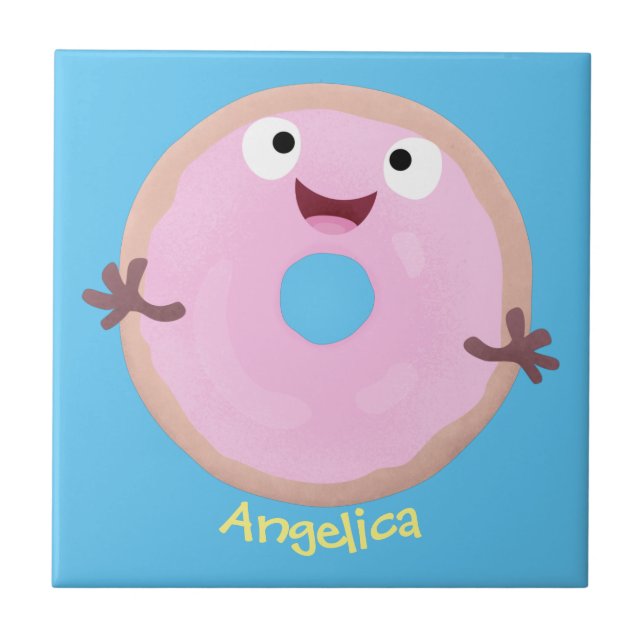 Cute happy pink glazed donut cartoon ceramic tile (Front)