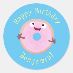 Cute happy pink glazed donut cartoon classic round sticker