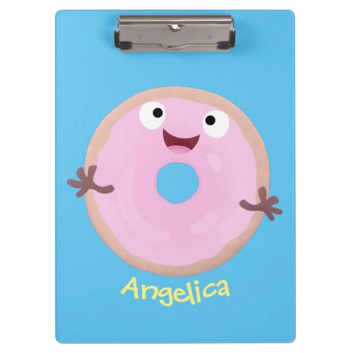 Cute happy pink glazed donut cartoon clipboard