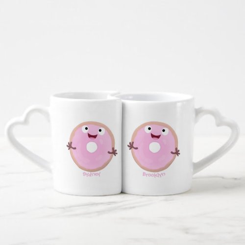 Cute happy pink glazed donut cartoon coffee mug set