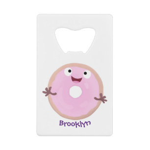 Cute happy pink glazed donut cartoon credit card bottle opener
