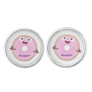 Cute happy pink glazed donut cartoon cufflinks