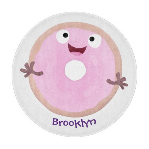 Cute happy pink glazed donut cartoon cutting board