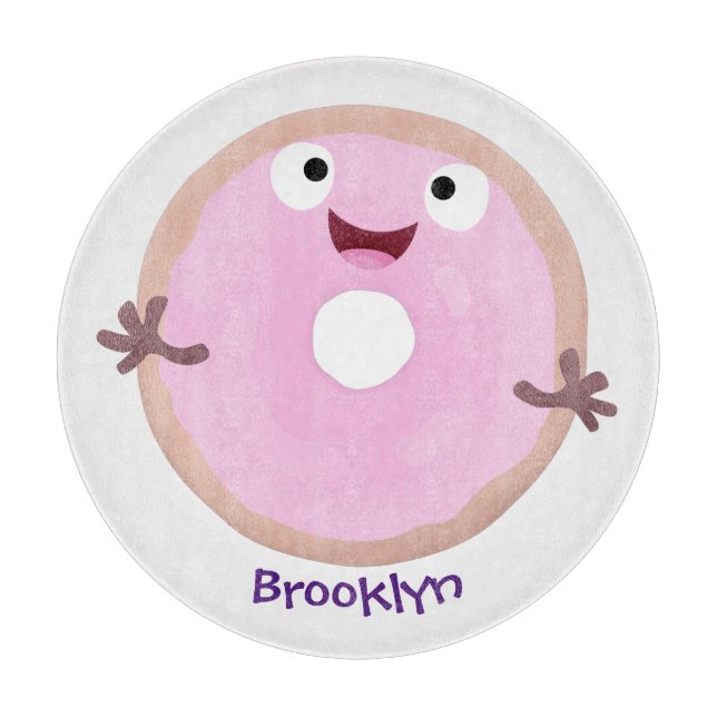 Cute happy pink glazed donut cartoon cutting board (Front)