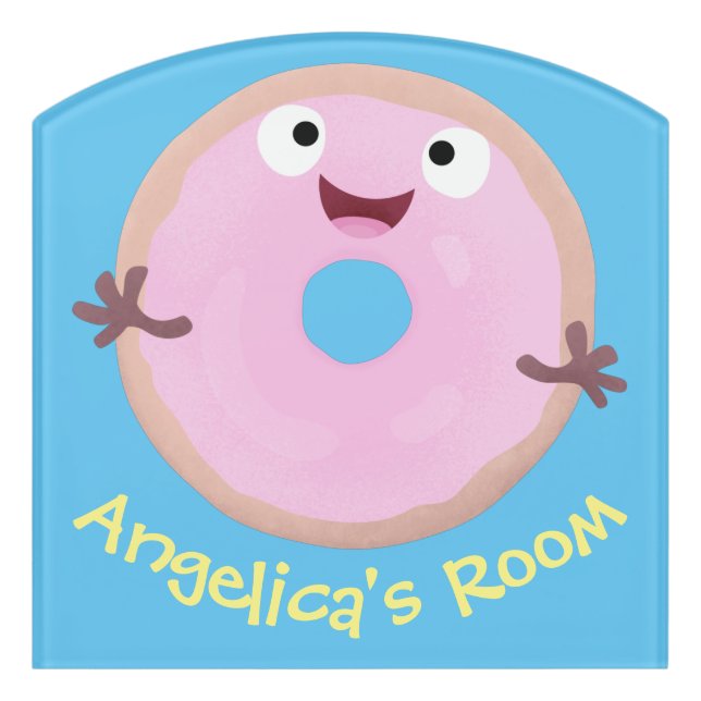 Cute happy pink glazed donut cartoon door sign (Contour Front)