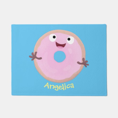 Cute happy pink glazed donut cartoon doormat