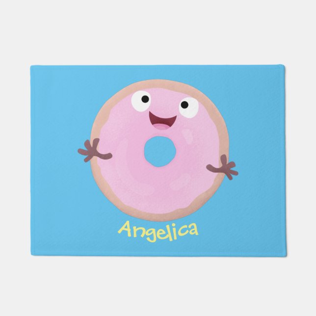 Cute happy pink glazed donut cartoon doormat (Front)