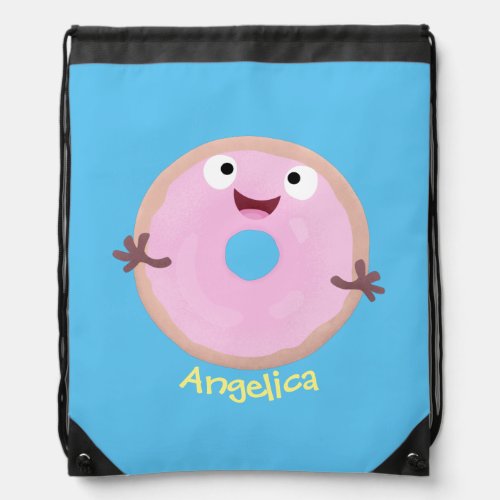 Cute happy pink glazed donut cartoon drawstring bag