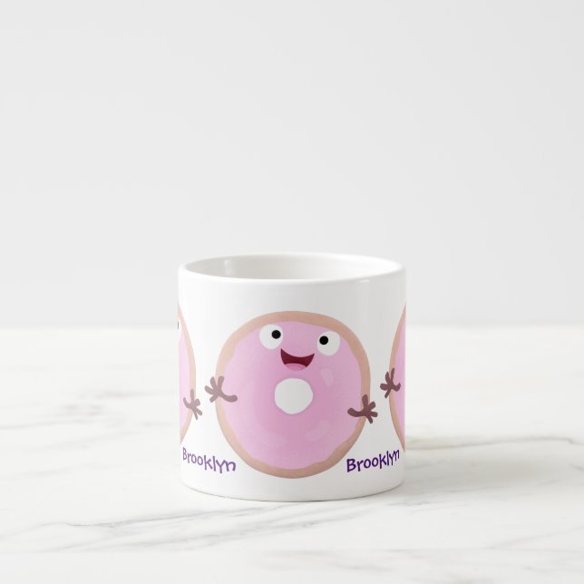 Cute happy pink glazed donut cartoon espresso cup (Front)