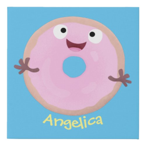 Cute happy pink glazed donut cartoon faux canvas print