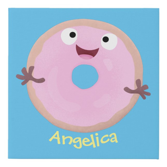 Cute happy pink glazed donut cartoon faux canvas print (Front)