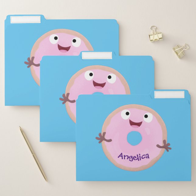 Cute happy pink glazed donut cartoon file folder (Set)