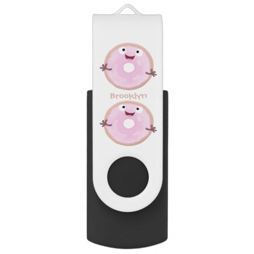 Cute happy pink glazed donut cartoon flash drive