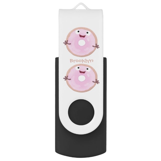 Cute happy pink glazed donut cartoon flash drive (Front Vertical)