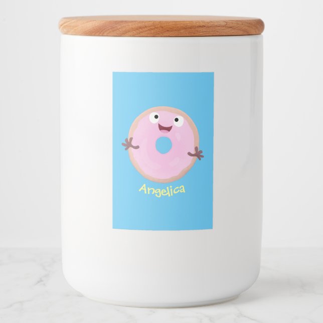 Cute happy pink glazed donut cartoon food label (Front)