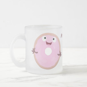 Cute happy pink glazed donut cartoon frosted glass coffee mug