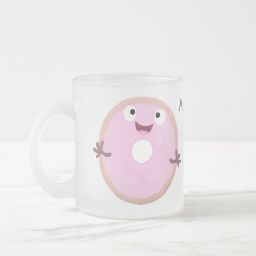 Cute happy pink glazed donut cartoon frosted glass coffee mug