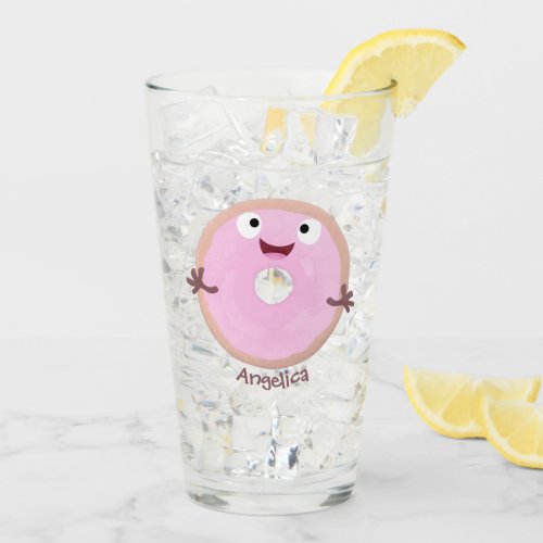 Cute happy pink glazed donut cartoon glass