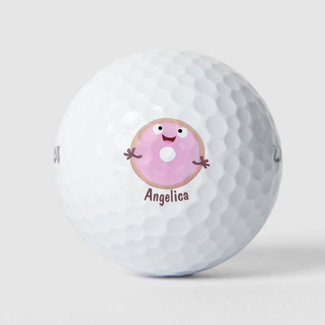 Cute happy pink glazed donut cartoon golf balls (Front)
