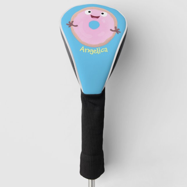 Cute happy pink glazed donut cartoon golf head cover (Front)