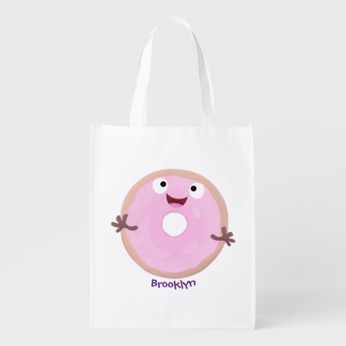 Cute happy pink glazed donut cartoon grocery bag