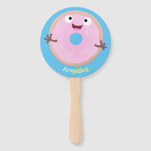 Cute happy pink glazed donut cartoon hand fan