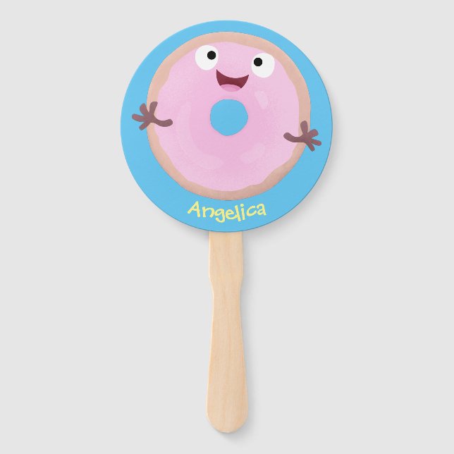 Cute happy pink glazed donut cartoon hand fan (Front)