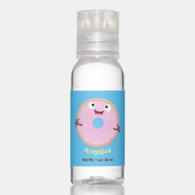 Cute happy pink glazed donut cartoon hand sanitizer (Front)
