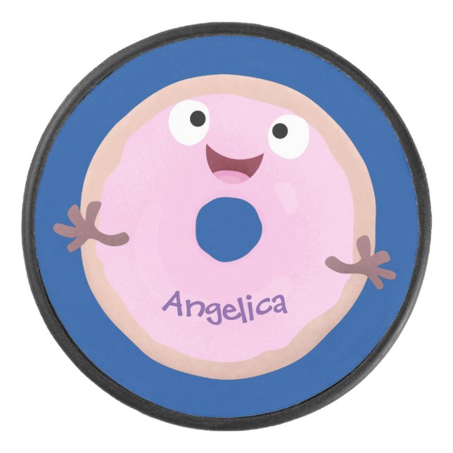 Cute happy pink glazed donut cartoon hockey puck (Front)