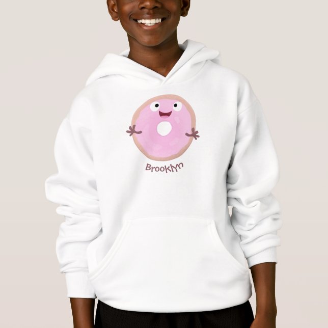 Cute happy pink glazed donut cartoon hoodie (Front)