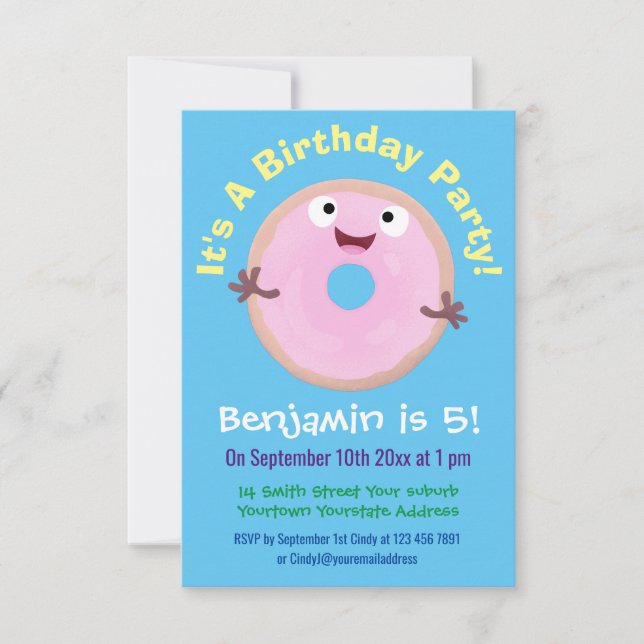 Cute happy pink glazed donut cartoon invitation (Front)