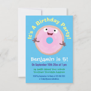 Cute happy pink glazed donut cartoon invitation