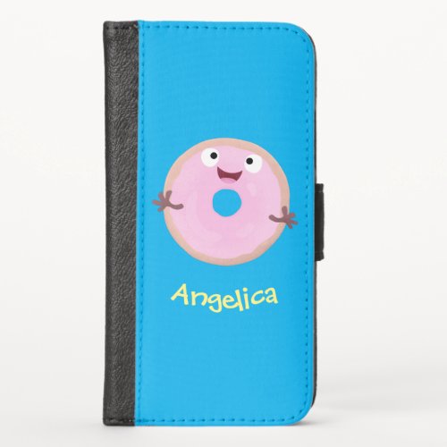 Cute happy pink glazed donut cartoon iPhone x wallet case
