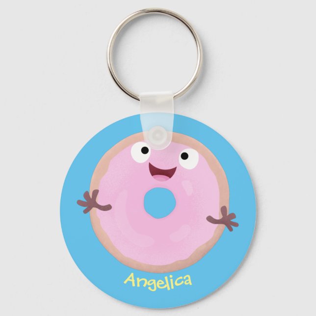 Cute happy pink glazed donut cartoon keychain (Front)