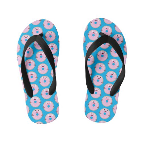 Cute happy pink glazed donut cartoon kids flip flops