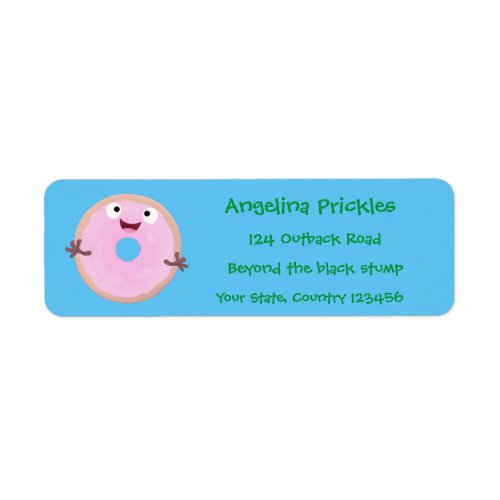 Cute happy pink glazed donut cartoon label